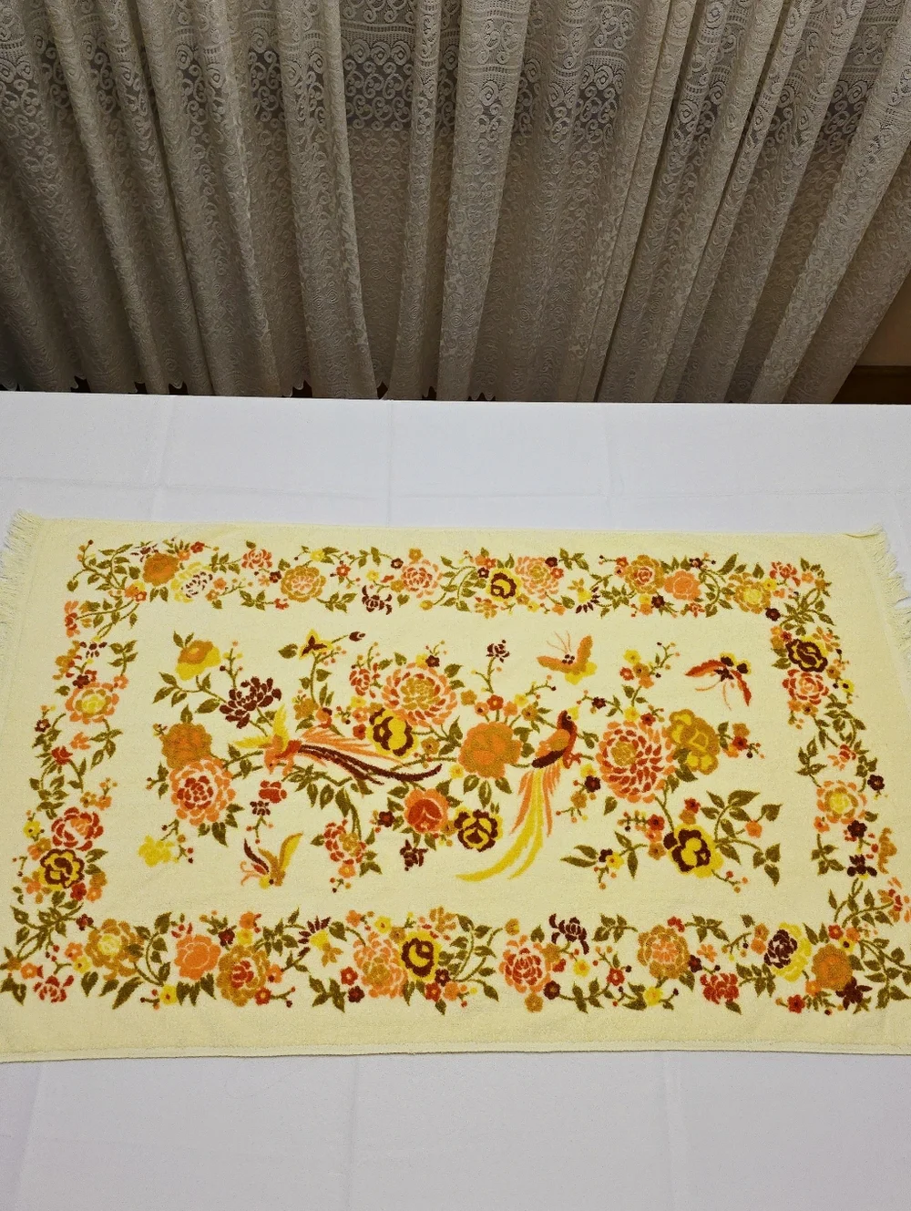 Vintage Stevens Utica 70s Bath Towel Yellow Floral Bird Fringe Retro Cotton